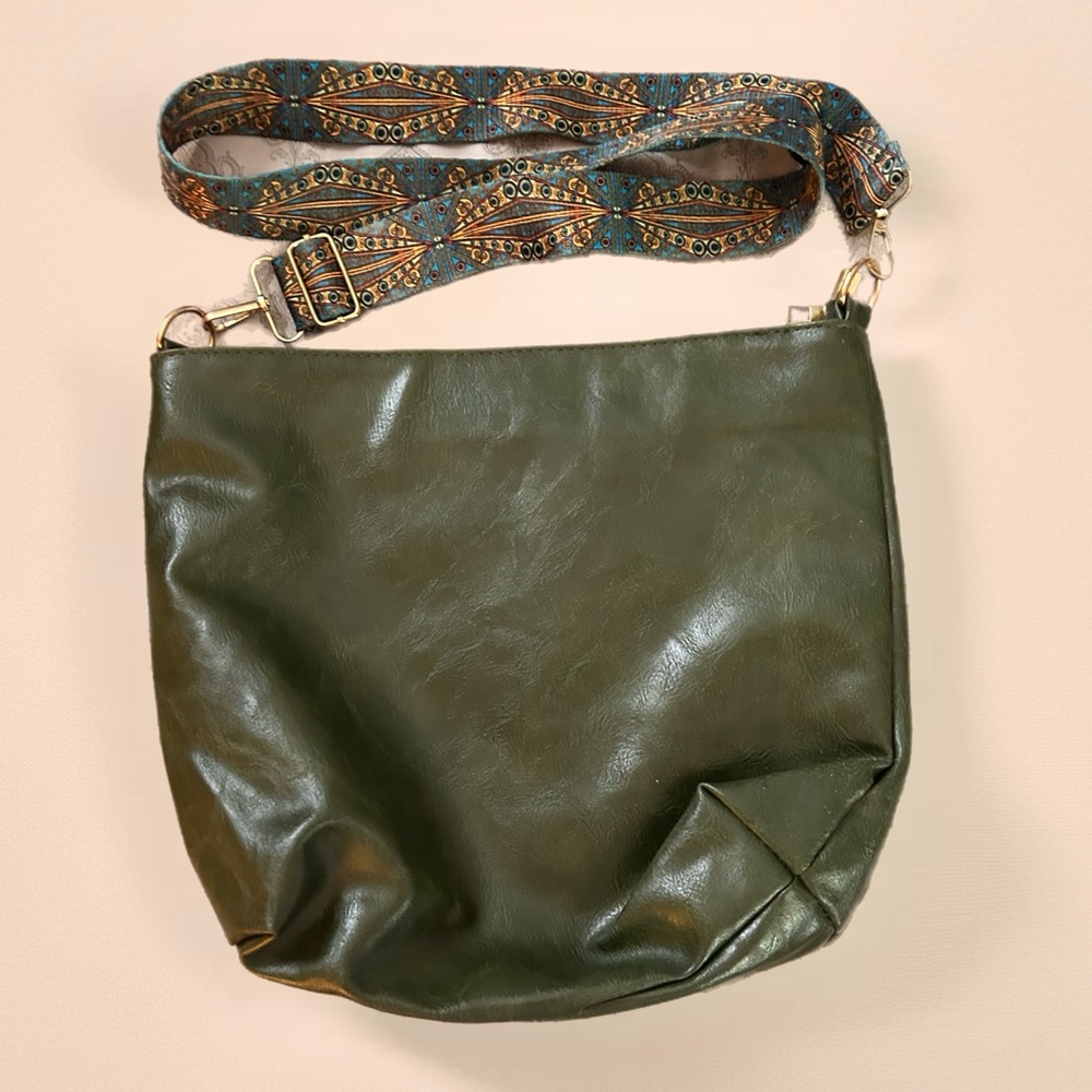 Green Hobo Shoulder Bag with Patterned Strap